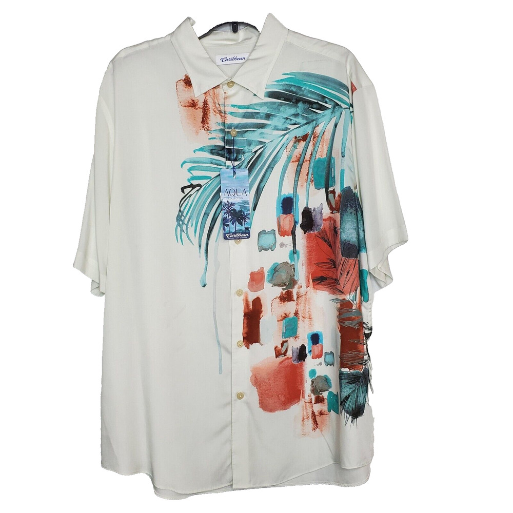 Caribbean Roundtree & Yorke Mens SZ XL Short Sleeve Aqua Tropical Print Shirt